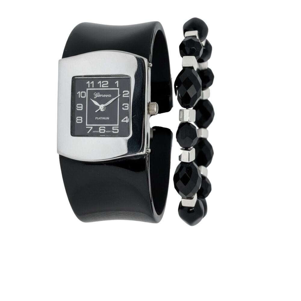Geneva Platinum Black Cuff Watch + Handmade Beaded Bracelet Set